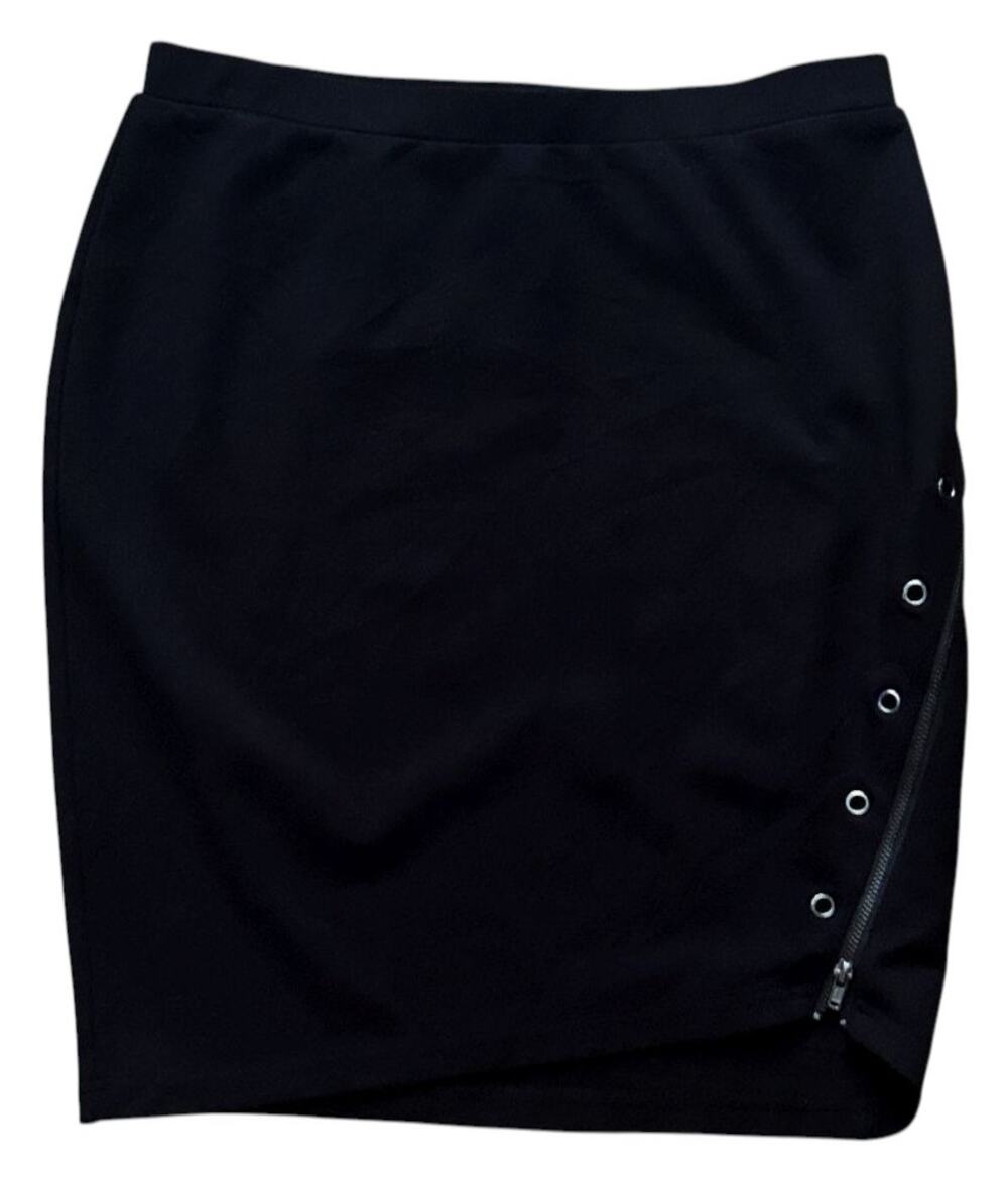 Lynn Ritchie Silver Stretch Asymmetric Zip Slit Black Mini Skirt Small